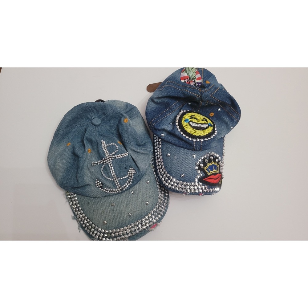 2 Womens Smiley Face Anchor Bedazzled Denim Adjustab Strap Back Hat Baseball Hat